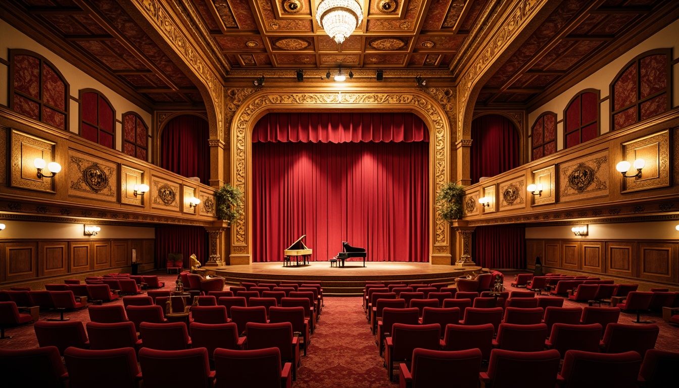 Prompt: Richly ornamented traditional performing arts center, luxurious velvet curtains, intricately carved wooden paneling, ornate chandeliers, warm golden lighting, plush red seats, acoustic panels with elegant wood grain patterns, sound-absorbing fabric surfaces, subtle stage lighting, grand pianos, refined architectural details, sophisticated interior design, cultural heritage ambiance, soft focus blur, shallow depth of field, 2/3 composition, warm color tone, realistic textures.