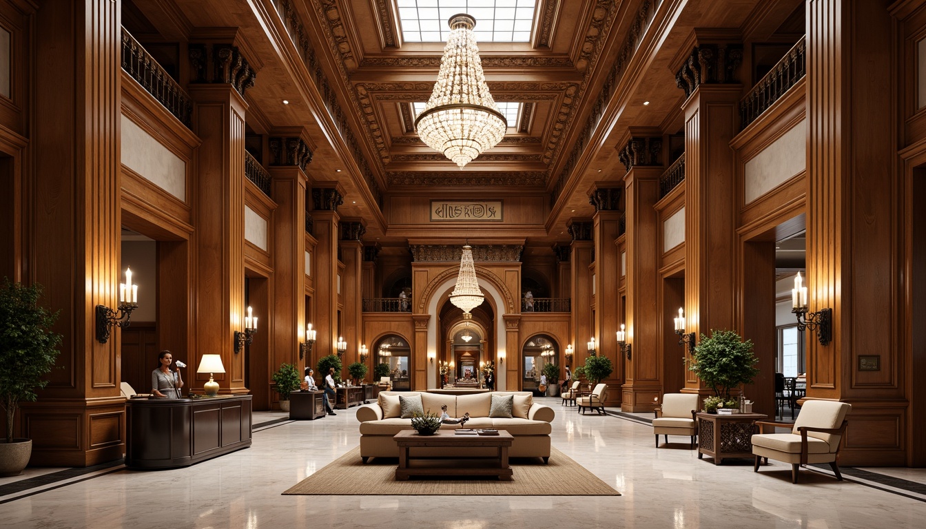 Prompt: Elegant banking hall, high ceilings, ornate crown molding, rich wood tones, intricate carvings, grand chandeliers, polished marble floors, stately columns, formal furniture, luxurious fabrics, subtle gold accents, refined architectural details, sophisticated color palette, soft warm lighting, shallow depth of field, 3/4 composition, realistic textures, ambient occlusion.