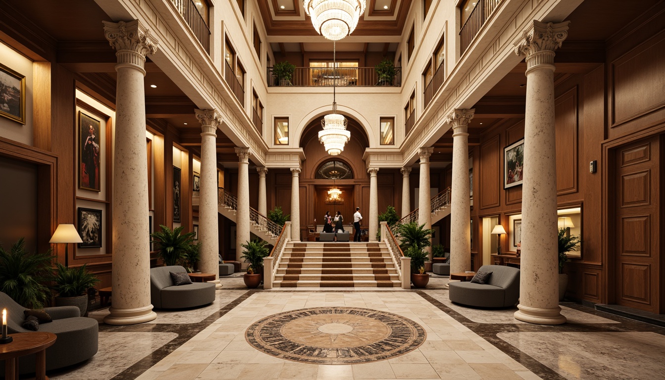 Prompt: Grandiose office building, Corinthian columns, ornate capitals, carved marble patterns, polished granite floors, lavish chandeliers, stately staircases, rich wood paneling, elegant archways, symmetrical fa\u00e7ade, classical proportions, harmonious color scheme, warm golden lighting, shallow depth of field, 1/1 composition, realistic textures, ambient occlusion.