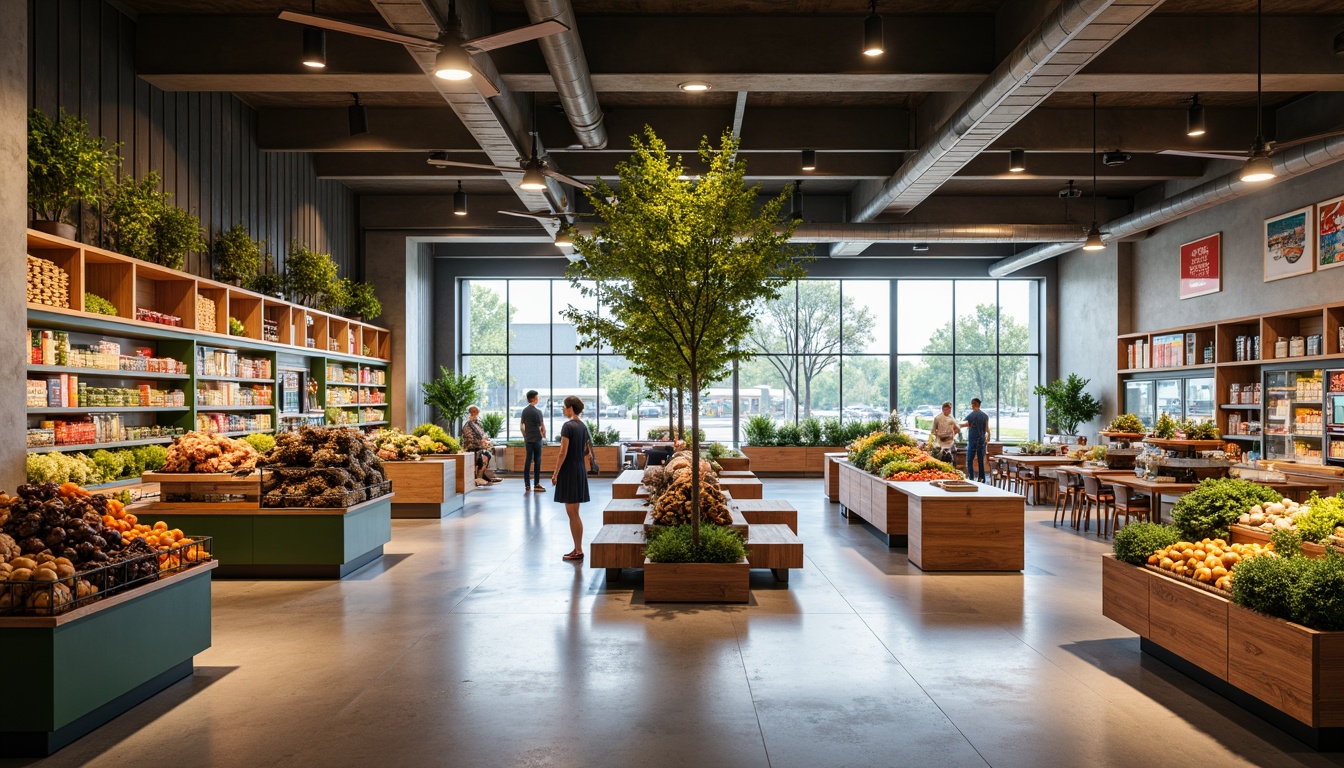 Prompt: Modern grocery store interior, open layout design, natural light, high ceilings, polished concrete floors, exposed ductwork, minimalist shelving, abundant produce displays, fresh food stations, vibrant colorful signage, inviting seating areas, wooden accents, earthy tones, warm ambient lighting, shallow depth of field, 3/4 composition, panoramic view, realistic textures, ambient occlusion.