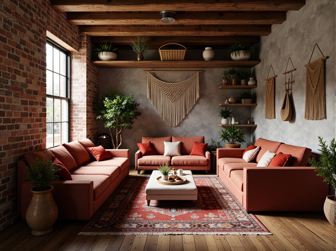 Prompt: Richly upholstered furniture, velvety soft cushions, intricately patterned rugs, wooden flooring, natural stone walls, exposed brick textures, industrial metal accents, reclaimed wood features, woven basketry, macrame wall hangings, earthy tone color palette, warm ambient lighting, shallow depth of field, 1/1 composition, realistic material rendering.