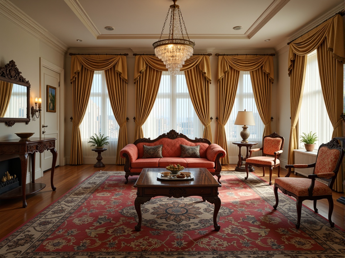 Prompt: Ornate velvet sofa, intricately carved wooden armchairs, polished mahogany tables, luxurious silk drapes, ornamental mirrors, crystal chandeliers, richly patterned rugs, opulent gold accents, subtle cream colors, soft warm lighting, shallow depth of field, 3/4 composition, realistic textures, ambient occlusion.