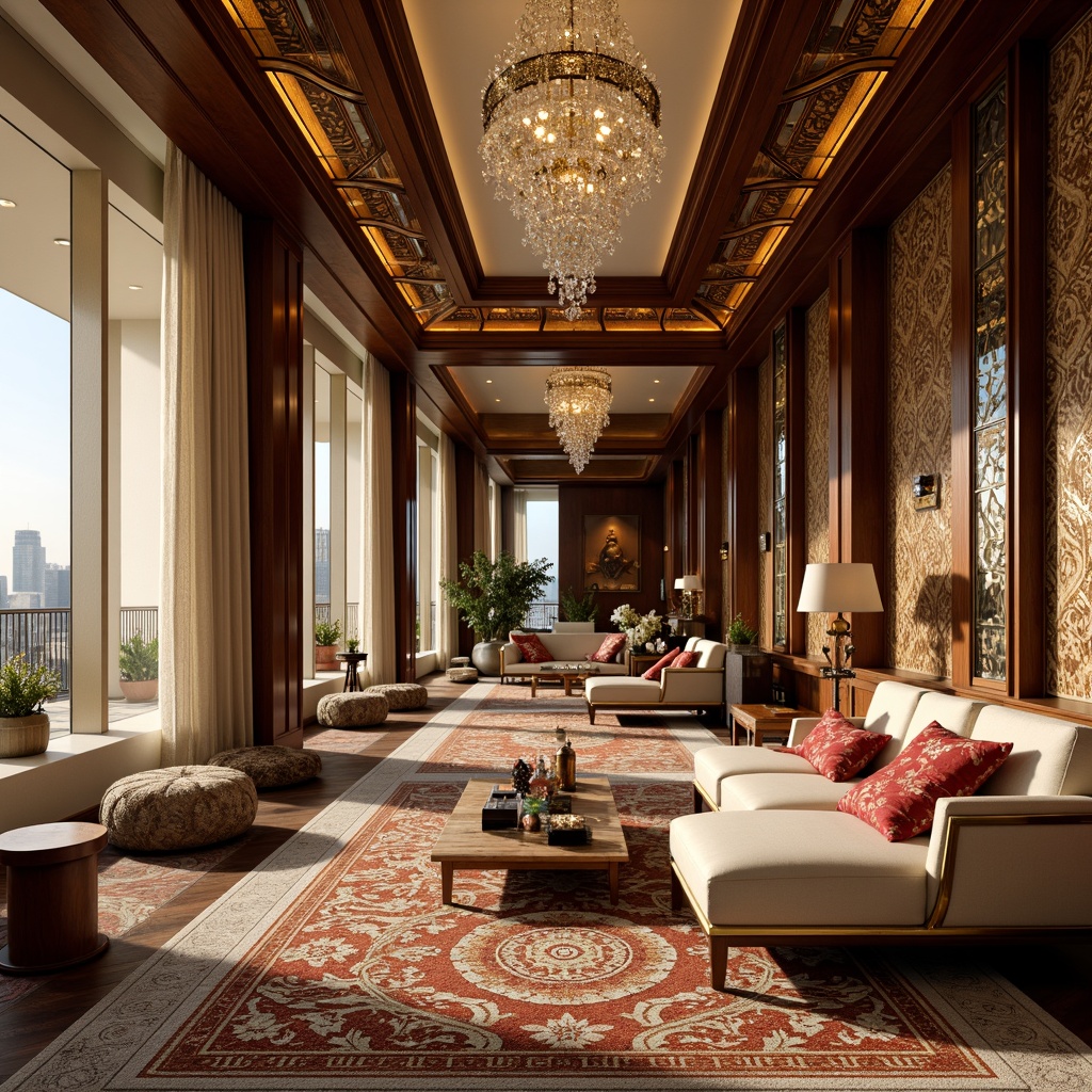 Prompt: Luxurious penthouse interior, rich velvet fabrics, intricate Oriental patterns, majestic wooden paneling, ornate gold accents, plush area rugs, crystal chandeliers, lavish drapery, traditional Chinese motifs, intricately carved furniture, warm beige tones, soft golden lighting, shallow depth of field, 1/2 composition, realistic textures, ambient occlusion.