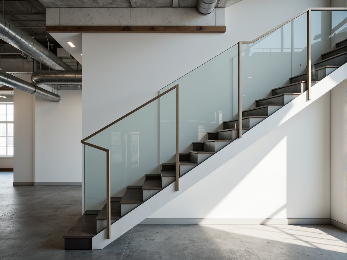 Prompt: Minimalist staircase, transparent glass railings, sleek metal balusters, open tread design, floating steps, monochromatic color scheme, subtle LED lighting, industrial chic aesthetic, urban loft setting, polished concrete floors, exposed ductwork, minimal ornamentation, functional simplicity, airy atmosphere, natural light pouring in, soft gradient shadows, 1/1 composition, realistic reflections, ambient occlusion.