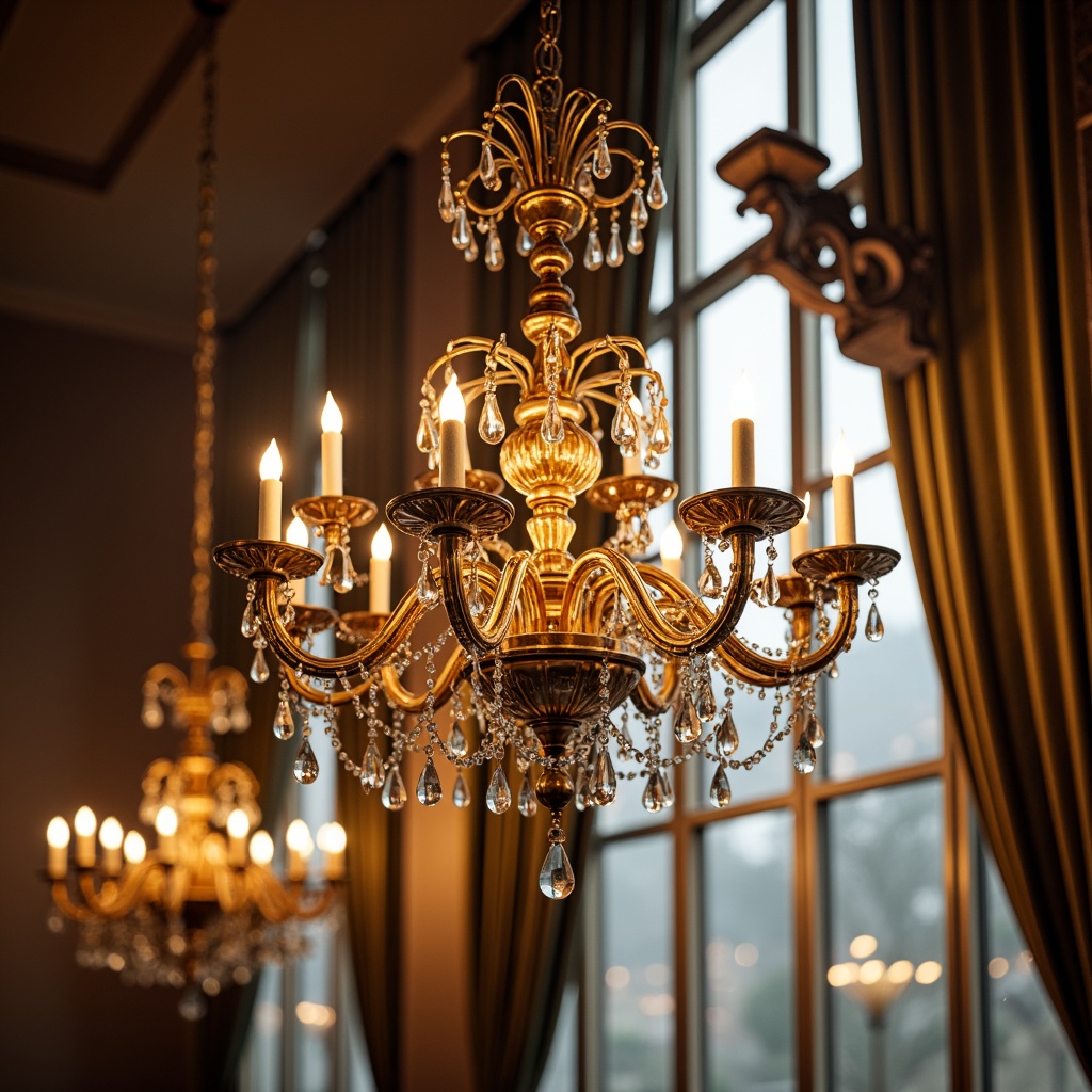 Prompt: Ornate chandeliers, crystal droplets, gilded metalwork, curved silhouettes, soft warm glow, candle-like ambiance, luxurious fabrics, velvet drapes, golden accents, intricate carvings, delicate patterns, floral motifs, pastel color palette, lavish decorations, grandiose scale, opulent details, dramatic shadowing, 1/1 composition, low-key lighting, realistic materials, subtle animations.