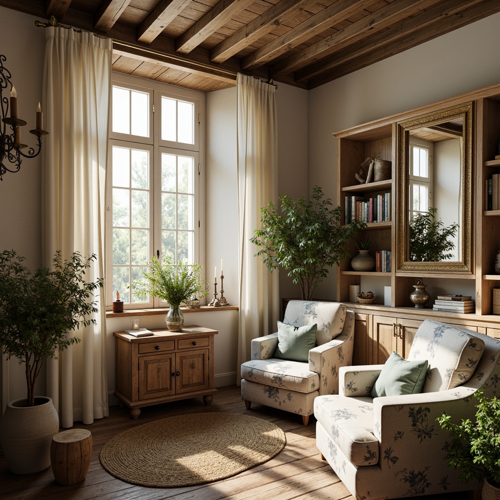 Prompt: Rustic French country interior, distressed wood furniture, vintage floral patterns, soft velvet fabrics, linen upholstery, natural jute rugs, woven baskets, antique decorative accents, warm candlelight, cozy reading nooks, traditional Toile de Jouy prints, creamy whites, muted blues, warm beige tones, elegant drapery, flowing curtains, romantic chandeliers, classic ornate mirrors, refined gold hardware, lush greenery, bouquets of fresh flowers, sun-drenched windows, soft warm lighting, shallow depth of field, 3/4 composition.