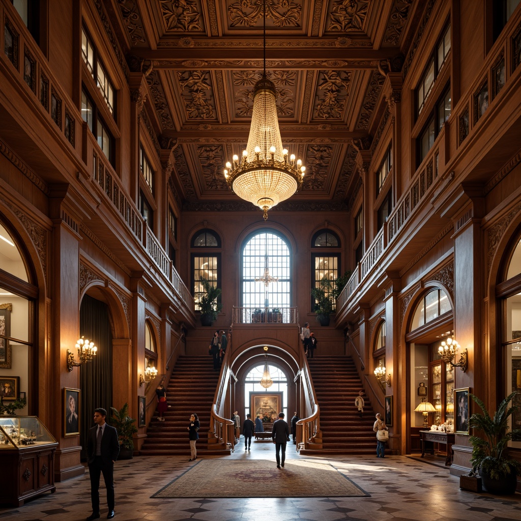 Prompt: Grand museum entrance, ornate moldings, intricately carved details, high ceilings, grand staircases, lavish chandeliers, rich wood paneling, marble floors, velvet drapes, antique exhibits, dim warm lighting, soft focus, shallow depth of field, 2/3 composition, symmetrical architecture, neoclassical influences, opulent decorations, patterned rugs, stately columns.