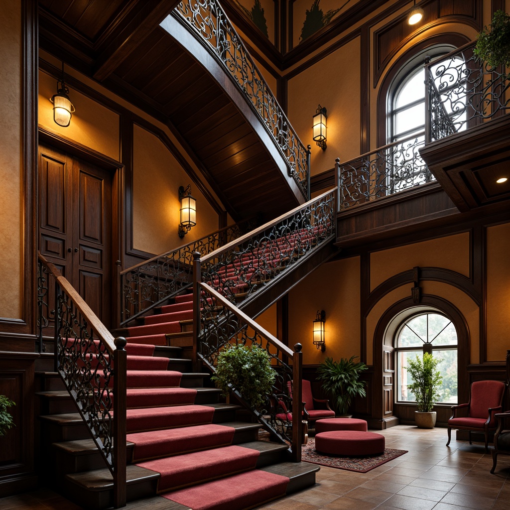 Prompt: Intricate ironwork railings, flowing organic lines, sinuous curves, ornate metal banisters, delicate filigree patterns, luxurious velvet upholstery, richly polished wood accents, grand sweeping staircases, dramatic archways, ornamental lanterns, soft warm lighting, subtle shadows, 3/4 composition, shallow depth of field, realistic textures, ambient occlusion.