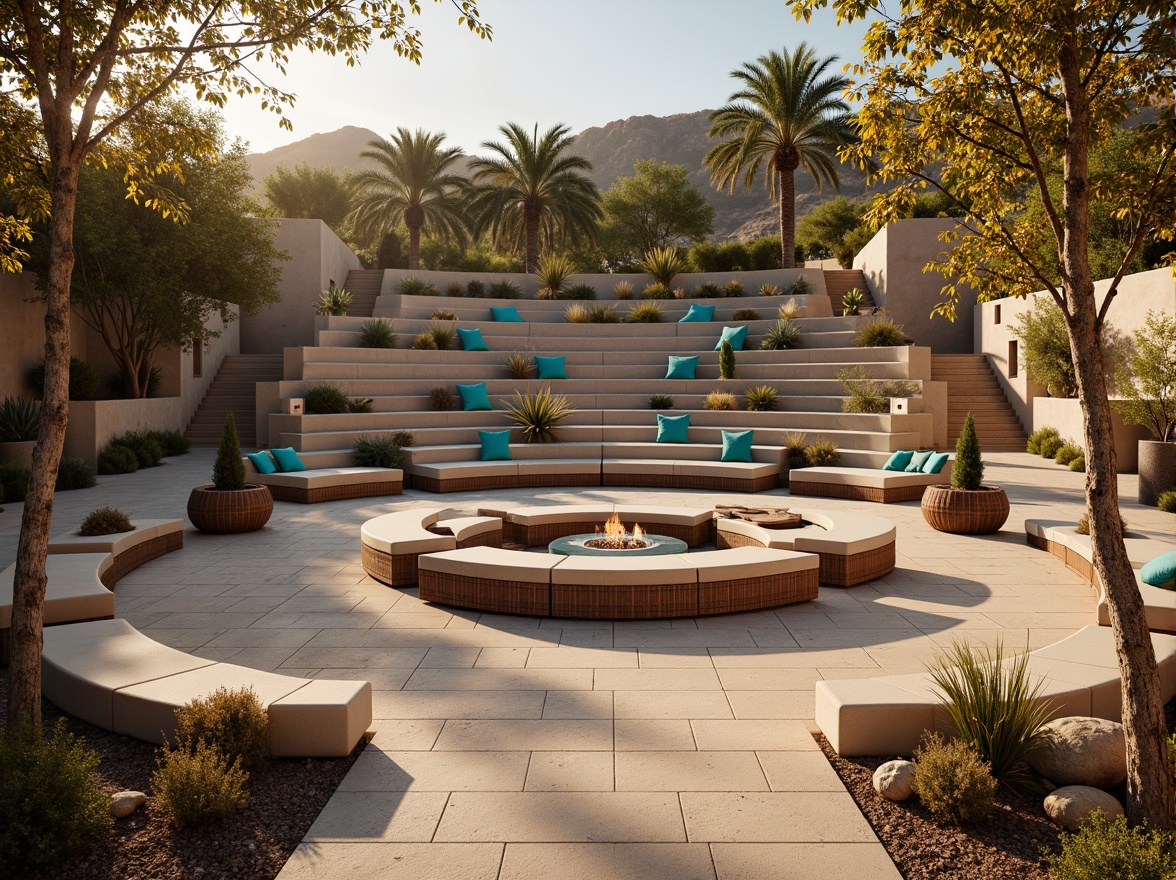 Prompt: Southwestern amphitheater, natural stone seating, curved rows, vibrant turquoise accents, earthy brown tones, woven wicker furniture, plush cushions, desert flora surroundings, cacti silhouettes, warm golden lighting, soft focus, 3/4 composition, panoramic view, realistic textures, ambient occlusion.