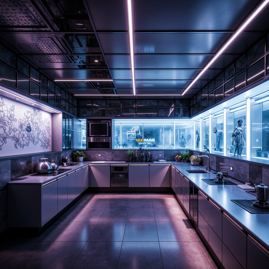 Prompt: Futuristic kitchen, sleek cabinetry, metallic finishes, glowing neon accents, holographic displays, touchless faucets, induction cooktops, LED lighting strips, minimalist countertops, translucent glass shelves, robotic arms, automated storage systems, high-gloss flooring, iridescent color schemes, angular geometric shapes, 3D-printed decor, ambient occlusion, shallow depth of field, realistic reflections, cinematic lighting effects.