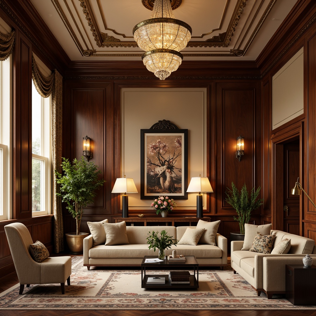 Prompt: Elegant executive office, rich wood tones, ornate furnishings, traditional craftsmanship, luxurious fabrics, subtle patterns, warm beige walls, high ceilings, crystal chandeliers, bronze sconces, ornamental ceiling medallions, lavish pendant lights, sophisticated floor lamps, soft warm glow, dramatic shadows, 1/1 composition, realistic textures, ambient occlusion.