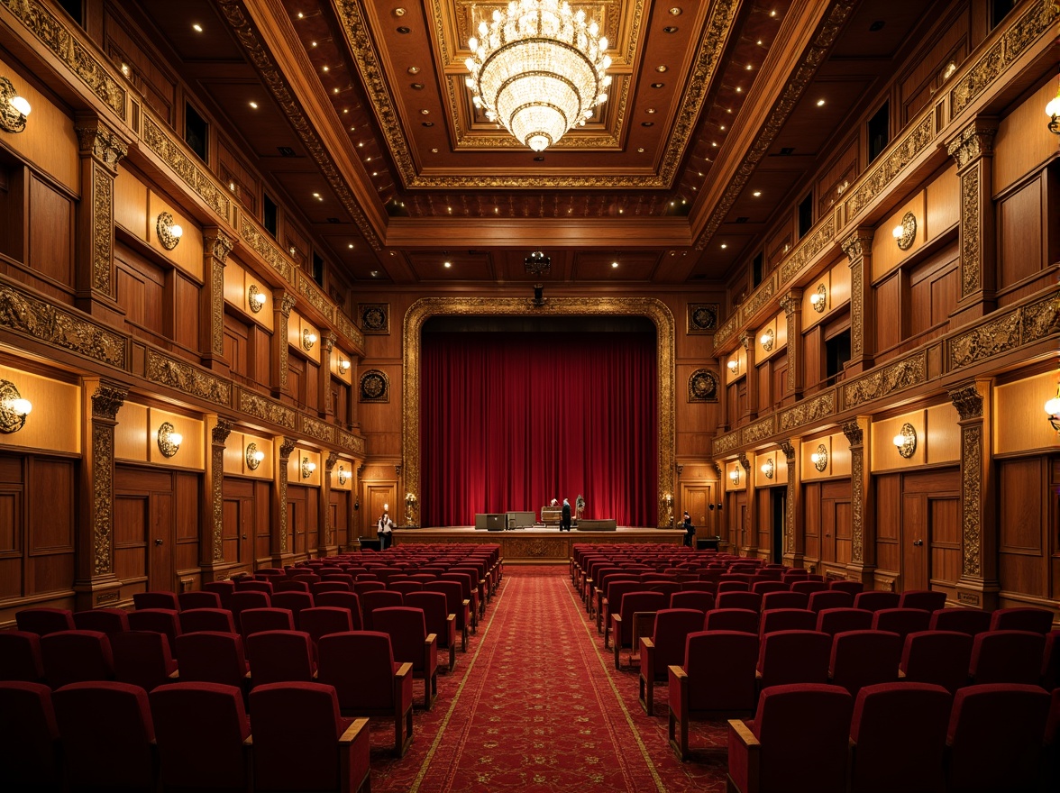 Prompt: Elegant traditional performing arts center, ornate wooden seats, plush velvet upholstery, golden balconies, crystal chandeliers, intricately carved wooden panels, red velvet curtains, grand stage, antique bronze lighting fixtures, warm softbox lighting, intimate setting, shallow depth of field, 1/2 composition, symmetrical framing, rich wood tones, luxurious fabrics, cultural heritage inspiration.