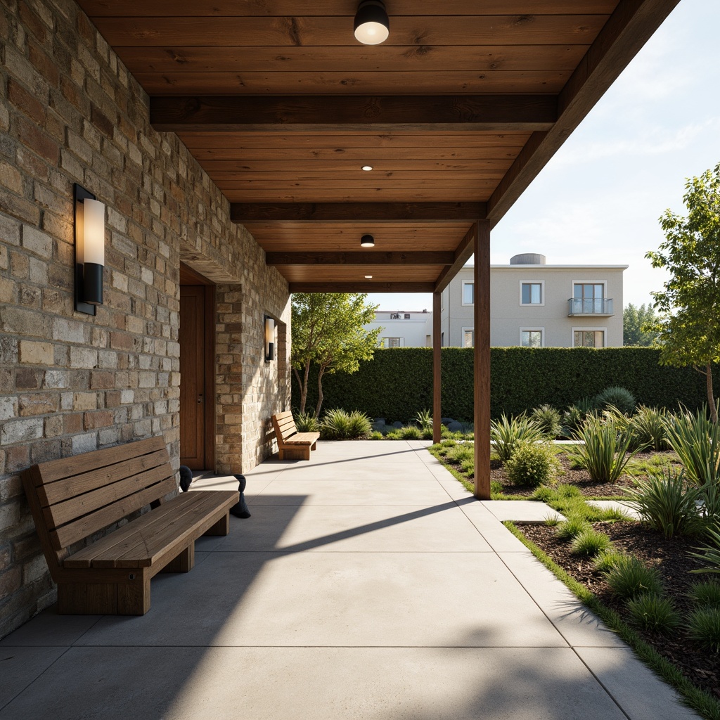 Prompt: Rustic community center, weathered wooden accents, rough-hewn stone walls, minimalist architecture, clean lines, simple shapes, natural materials, earthy color palette, muted tones, subtle textures, industrial lighting fixtures, metal beams, concrete floors, reclaimed wood benches, living green walls, urban gardens, morning sunlight, soft shadows, 1/1 composition, atmospheric perspective, realistic normal maps.