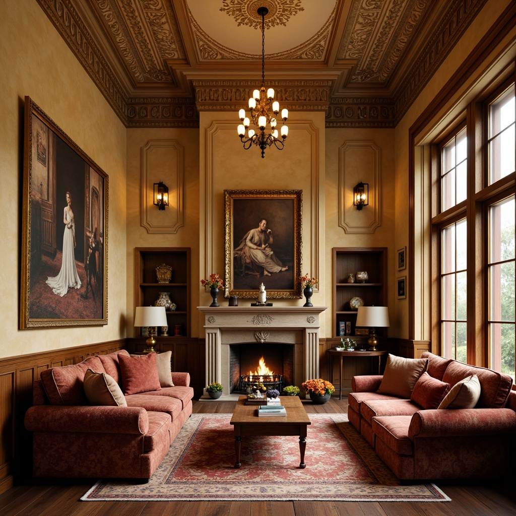 Prompt: Warm beige walls, rustic stone textures, classic wooden panels, elegant wainscoting, ornate moldings, luxurious velvet fabrics, rich tapestries, intricate ceiling details, grand chandeliers, cozy fireplaces, comfortable seating areas, soft warm lighting, intimate ambiance, 1/1 composition, realistic materials, ambient occlusion.