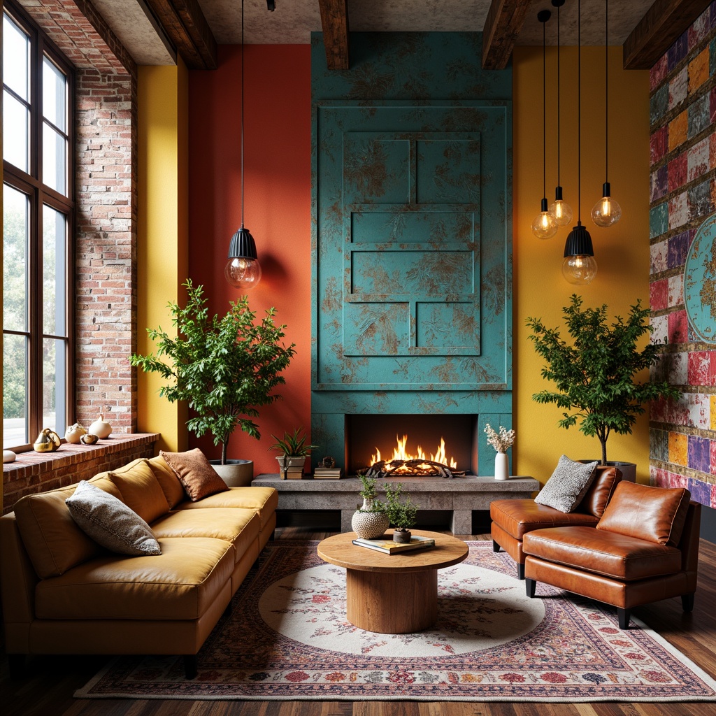 Prompt: Vibrant accent walls, distressed finishes, eclectic pattern mixes, bold colorblocking, textured wallpaper, natural stone features, reclaimed wood accents, metallic sheens, industrial chic exposed brick, bohemian-inspired tapestries, global cultural influences, abstract artwork, oversized ornate mirrors, soft warm lighting, shallow depth of field, 1/1 composition, realistic textures, ambient occlusion.