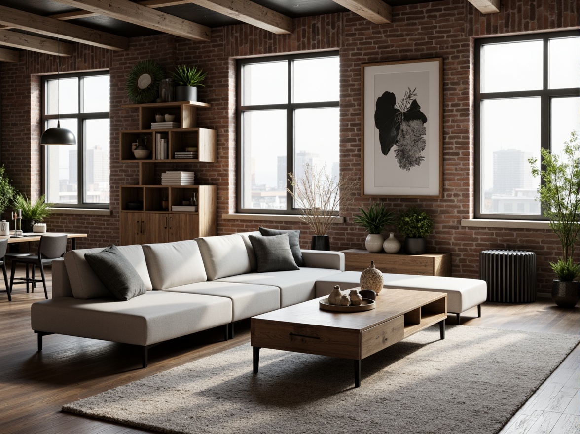 Prompt: Cozy living room, modern minimalist decor, sleek low-profile sofa, reclaimed wood coffee table, industrial metal legs, plush area rug, floor-to-ceiling windows, natural light pouring in, urban loft atmosphere, exposed brick walls, edgy contemporary art pieces, monochromatic color scheme, Scandinavian-inspired design, functional modular shelving, warm ambient lighting, 1/1 composition, shallow depth of field, realistic textures.