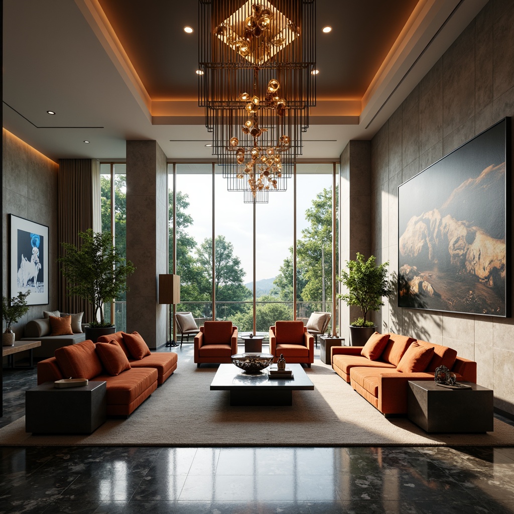 Prompt: Luxurious pavilion, contemporary interior design, sleek lines, minimalist decor, high ceilings, grand chandeliers, marble flooring, metallic accents, velvet furnishings, bold color schemes, statement artwork, floor-to-ceiling windows, natural light, panoramic views, lush greenery, subtle texture contrasts, ambient lighting, 3/4 composition, shallow depth of field.