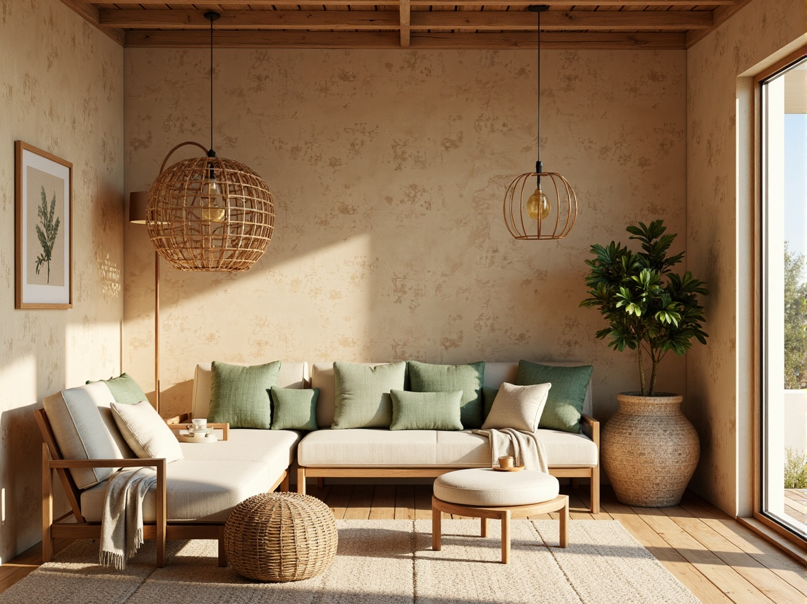 Prompt: Warm beige cork walls, natural earthy tones, soft sage green accents, creamy white textures, organic patterns, woven baskets, rattan furniture, wooden flooring, earthy scent, cozy atmosphere, warm lighting, shallow depth of field, 1/1 composition, realistic render, ambient occlusion.