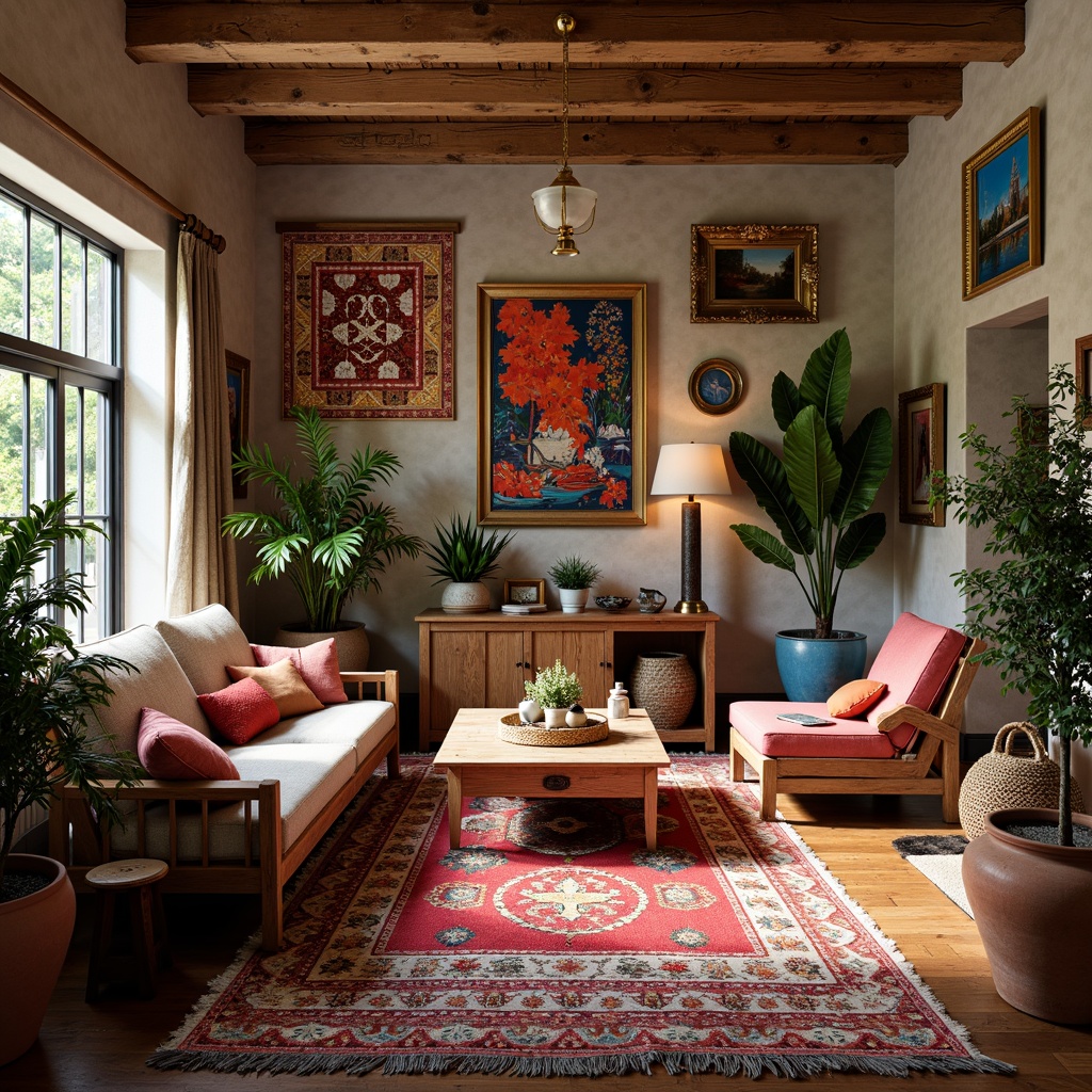 Prompt: Vibrant eclectic interior, mixed patterned rugs, distressed wooden furniture, vintage decorative items, bold colorful artwork, rich velvet fabrics, antique bronze lighting fixtures, natural woven baskets, earthy terracotta pots, lush greenery, warm sunny day, soft diffused lighting, shallow depth of field, 1/1 composition, realistic textures, ambient occlusion.