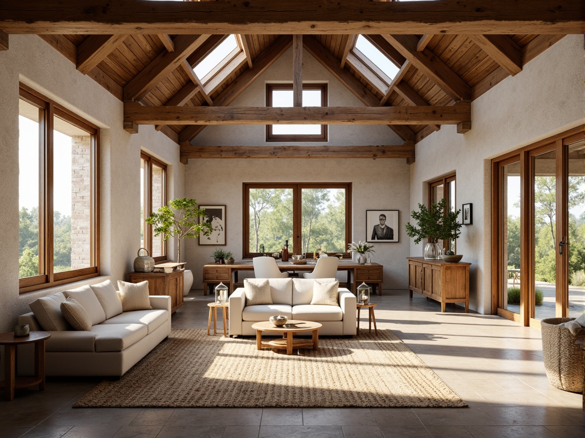 Prompt: Rustic farmhouse interior, wooden beams, exposed brick walls, large windows, sliding glass doors, skylights, clerestory windows, whitewashed ceilings, creamy white walls, natural stone flooring, reclaimed wood accents, vintage metal lanterns, woven textiles, earthy color palette, soft warm lighting, shallow depth of field, 3/4 composition, panoramic view, realistic textures, ambient occlusion.