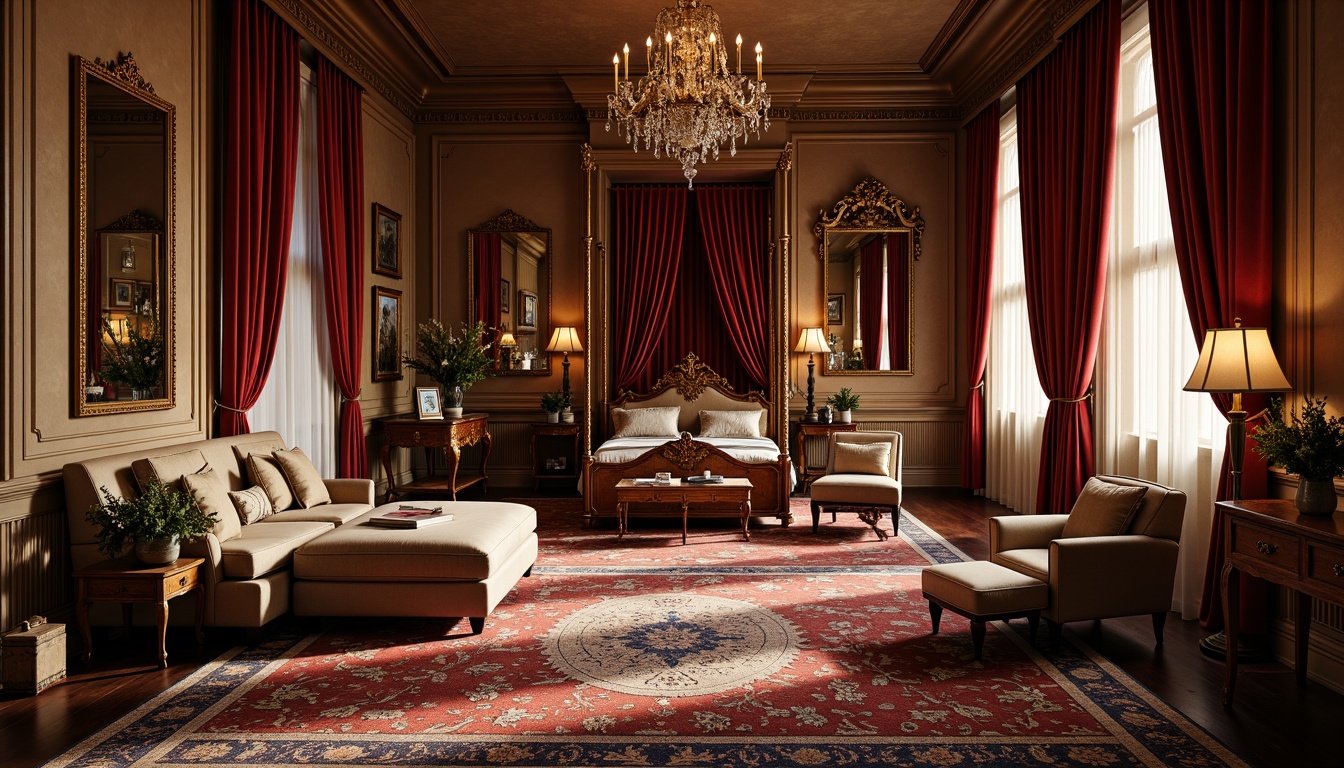 Prompt: Opulent velvet drapes, intricately patterned rugs, luxurious silk fabrics, ornate wooden furniture, richly carved decorations, grand chandeliers, lavish floor lamps, stately four-poster beds, heavily adorned mirrors, vintage accessories, distressed leather upholstery, warm golden lighting, soft focus camera angle, 1/2 composition, shallow depth of field, realistic textures.