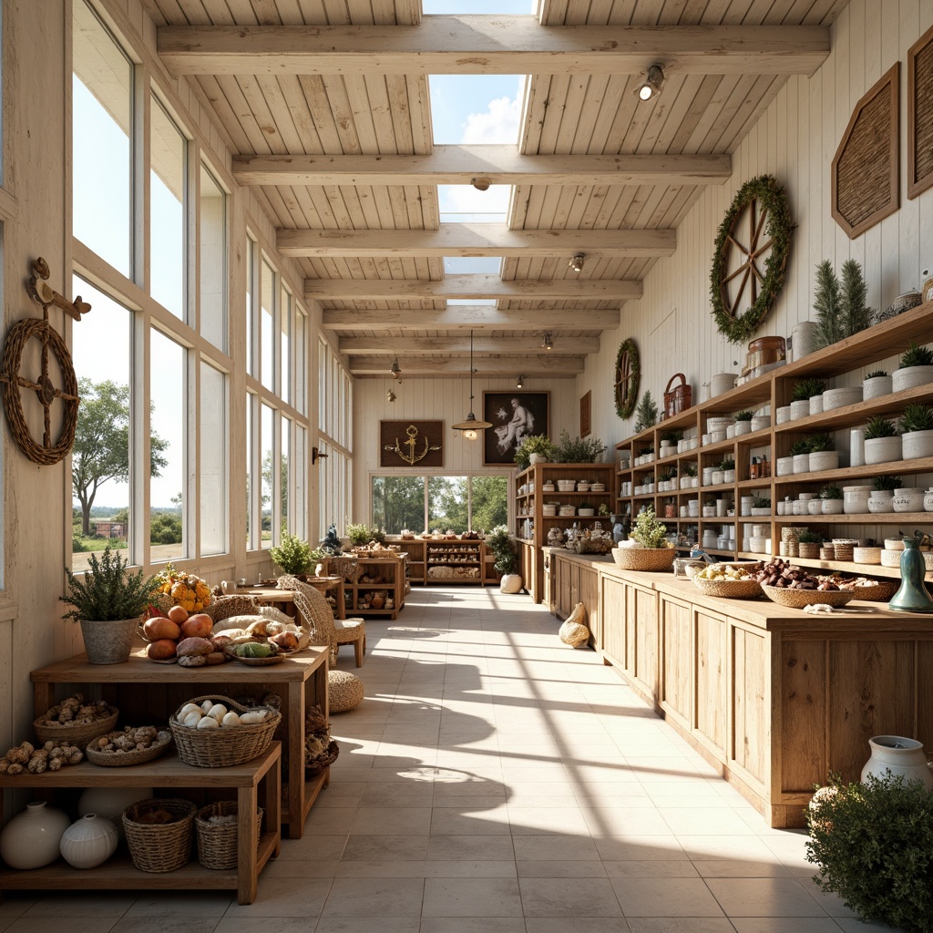 Prompt: Beachy grocery store, rustic wooden accents, distressed finishes, nautical ropes, vintage anchors, coral-inspired color palette, soft creamy whites, warm beige tones, large windows, clerestory lighting, skylights, natural textures, woven sea grass baskets, driftwood shelving, ocean-breeze ventilation, sunny day, gentle warm lighting, shallow depth of field, 1/1 composition, symmetrical framing, realistic reflections, ambient occlusion.