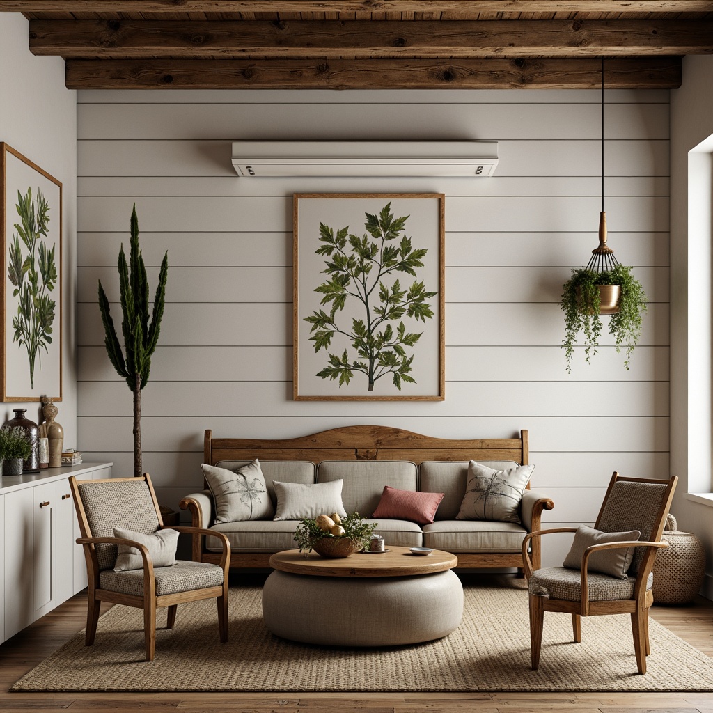 Prompt: Rustic farmhouse, shiplap walls, wooden planks, distressed textures, earthy tones, natural materials, vintage decorations, country charm, cozy atmosphere, warm lighting, wooden beams, exposed ductwork, modern farmhouse twist, industrial accents, metal fixtures, reclaimed wood furniture, soft pastel colors, botanical prints, nature-inspired accessories.