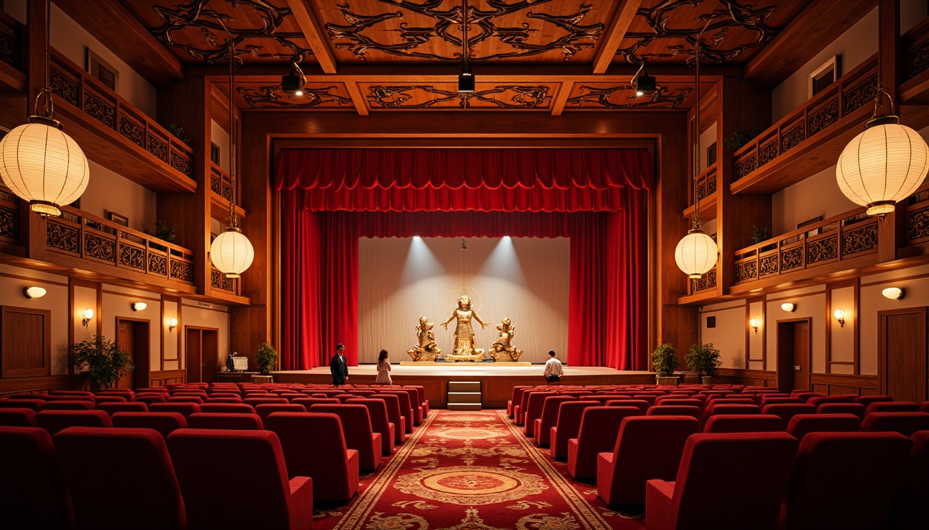 Prompt: \Vibrant traditional performing arts center, rich red velvet curtains, warm golden lighting, intricately carved wooden decorations, ornate bronze fixtures, majestic stage, plush crimson seats, luxurious silk fabrics, delicate paper lanterns, subtle fragrance of incense, soft warm glow, shallow depth of field, 1/1 composition, realistic textures, ambient occlusion.\