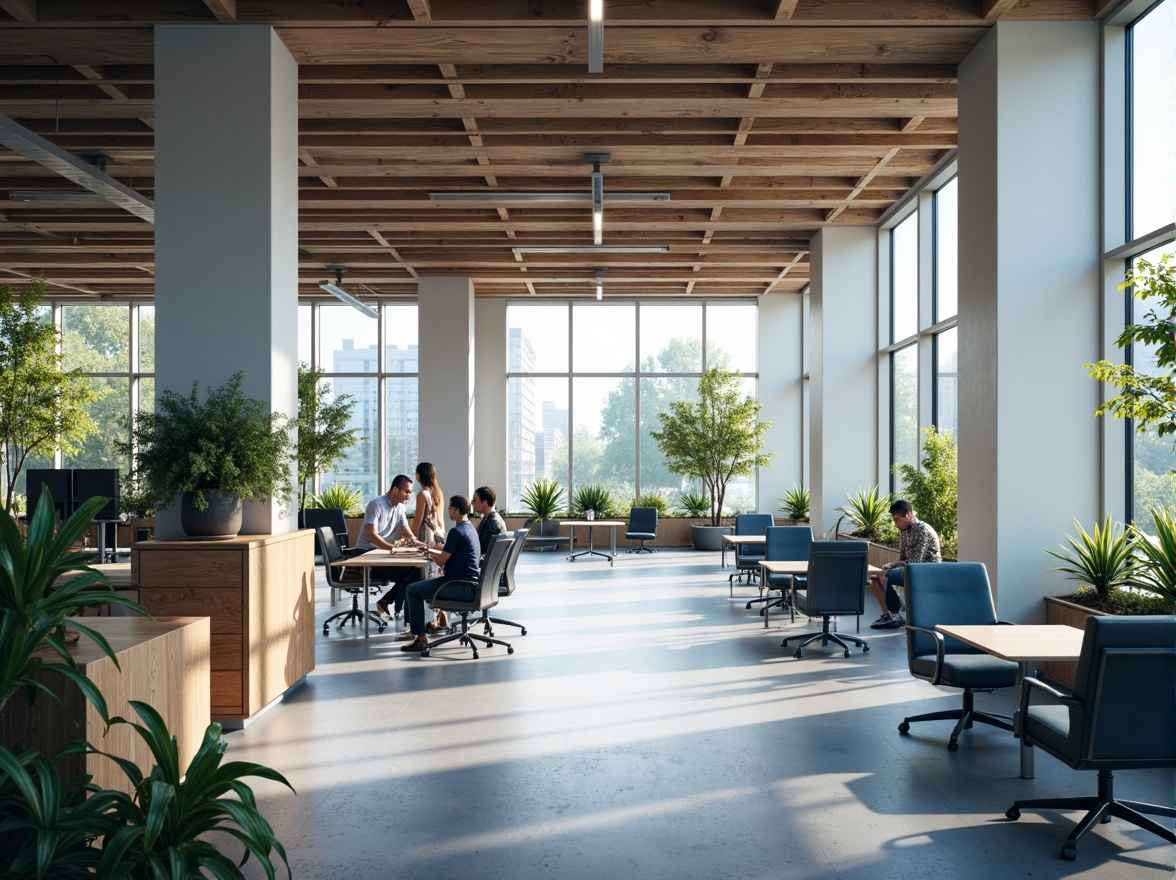 Prompt: Modern office interior, minimalist aesthetic, calming blue tones, creamy white accents, rich wood textures, sleek metal furniture, ergonomic chairs, collaborative workspaces, natural light pouring in, subtle warm glow, shallow depth of field, 1/1 composition, realistic reflections, ambient occlusion, vibrant greenery, thriving plants, floor-to-ceiling windows, open-plan layout, communal seating areas.