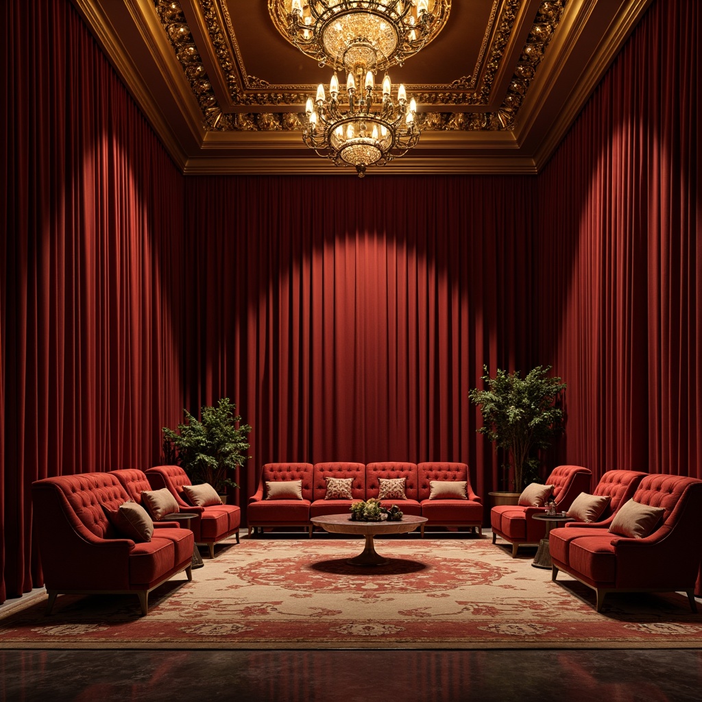 Prompt: Luxurious velvet drapes, rich burgundy walls, golden ornate details, warm dimmable lighting, plush crimson seats, intricate patterned carpets, ornate gilded frames, lavish chandeliers, opulent marble floors, majestic high ceilings, dramatic spotlights, 1/2 composition, low-key ambiance, realistic reflections.