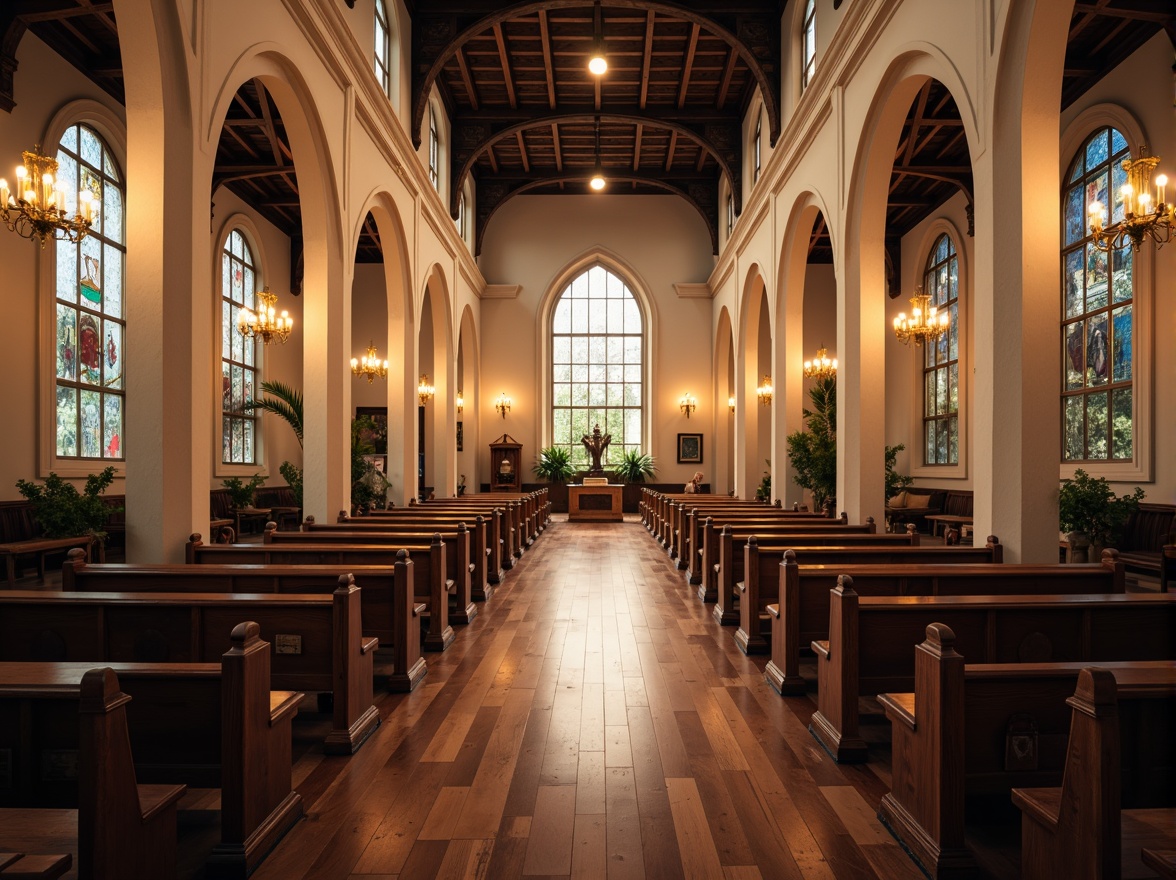 Prompt: Serene worship hall, soft warm lighting, gentle candlelight, stained glass windows, ornate wooden pews, calming neutral tones, creamy whites, rich woods, earthy terracottas, heavenly blues, divine gold accents, subtle texture overlays, realistic stone patterns, ambient occlusion, shallow depth of field, 3/4 composition, panoramic view.