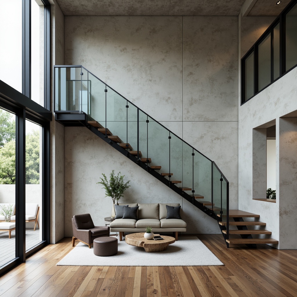 Prompt: Floating staircase, transparent glass railings, minimalist metal frames, open-plan layout, industrial chic atmosphere, exposed concrete walls, polished wooden floors, soft natural light, subtle shadows, shallow depth of field, 1/1 composition, realistic textures, ambient occlusion, calm ambiance, peaceful mood, serene atmosphere, modern simplicity.