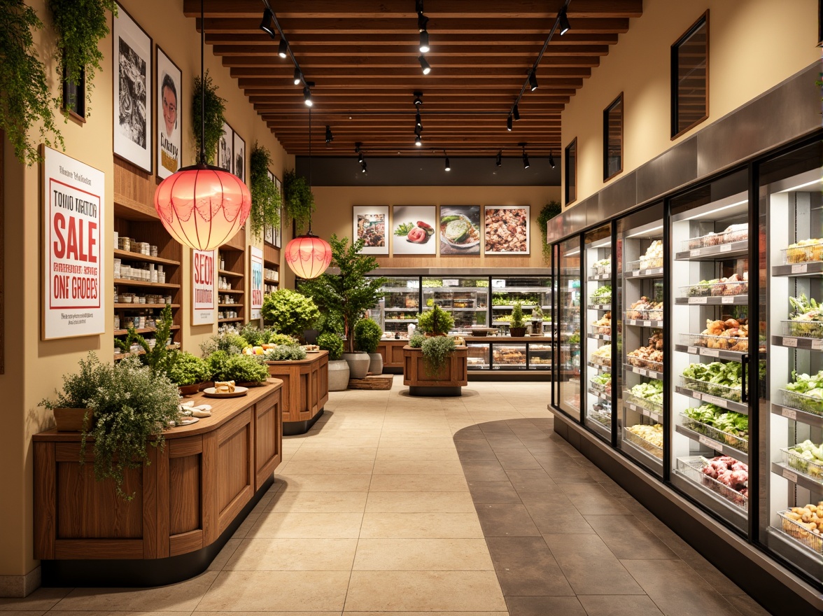 Prompt: Vibrant grocery store interior, warm beige walls, rich wood accents, crisp white shelves, bold red sale signs, fresh green produce stands, earthy brown flooring, natural stone countertops, modern metallic lighting fixtures, cozy corner seating areas, abundant natural light, soft warm ambiance, 1/2 composition, shallow depth of field, realistic textures.