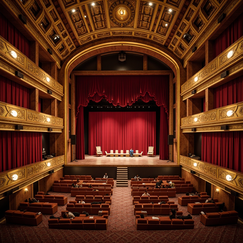 Prompt: Elegant traditional performing arts center, ornate wooden stage, red velvet curtains, golden balconies, intricately carved decorations, plush seating areas, comfortable chairs, soft cushions, warm lighting, dimmed chandeliers, richly patterned carpets, grand staircase, luxurious fabrics, refined architectural details, subtle color palette, symmetrical composition, shallow depth of field, 2/3 framing, warm inviting atmosphere.