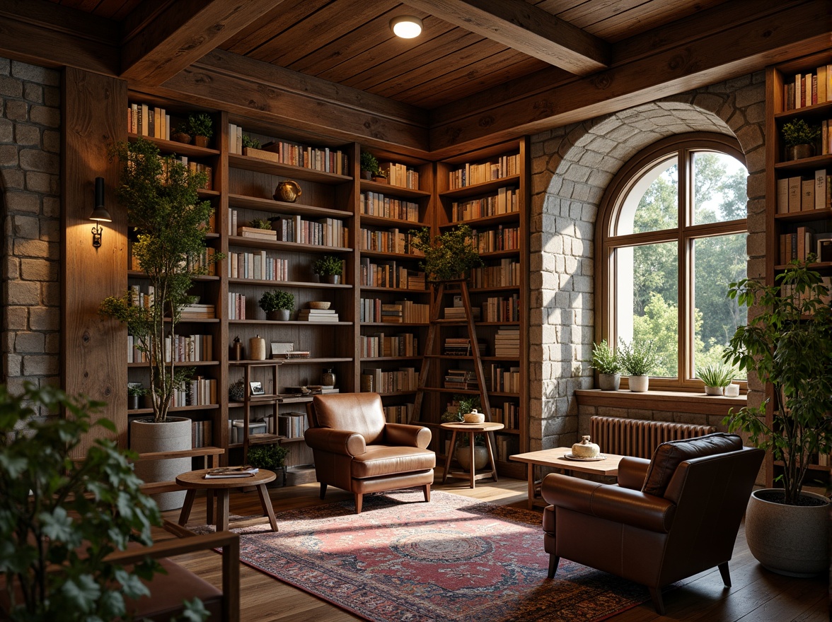 Prompt: Cozy library interior, warm wooden shelves, vintage leather armchairs, rustic stone walls, earthy color palette, rich brown tones, muted green hues, weathered wood accents, soft golden lighting, comfortable reading nooks, plush area rugs, nature-inspired decorative elements, distressed metal fixtures, worn wooden ladder, classic book collections, serene atmosphere, natural texture overlays, warm color grading, cinematic depth of field.