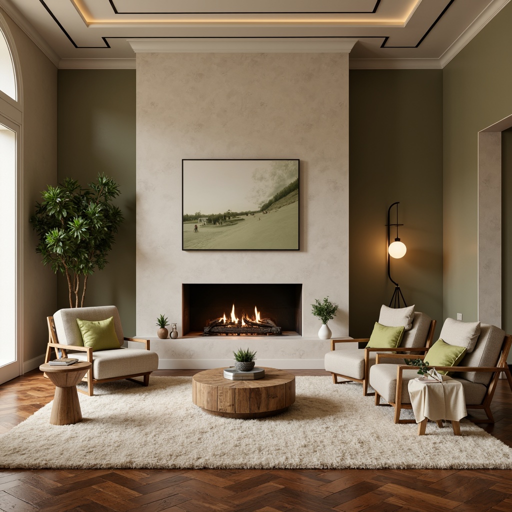 Prompt: Cozy living room, earthy tone walls, warm beige furniture, soft sage green accents, rich walnut wood floors, plush cream-colored rugs, natural stone fireplace, modern minimalist decor, ambient warm lighting, shallow depth of field, 2/3 composition, realistic textures, subtle gradient effects.