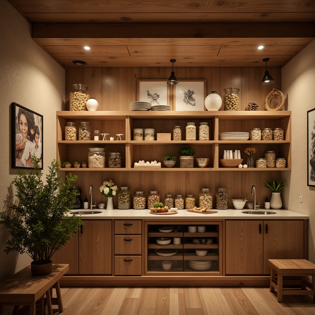 Prompt: Cozy pantry area, warm beige walls, rich wood cabinetry, elegant glass jars, rustic metal shelving, soft warm lighting, pendant lights, under-cabinet lighting, recessed ceiling lights, frosted glass shades, brushed nickel finishes, adjustable arm lamps, ambient illumination, 1/1 composition, shallow depth of field, realistic textures.