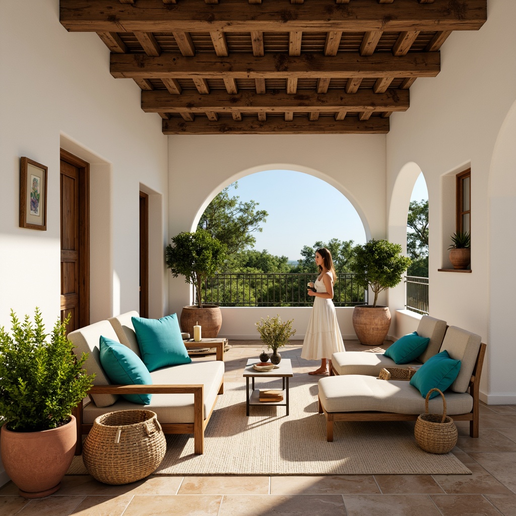 Prompt: Warm Mediterranean interior, soft natural light, creamy white walls, rustic stone floors, wooden beam ceilings, elegant archways, ornate ironwork, distressed wood furniture, plush velvet upholstery, vibrant turquoise accents, lush greenery, potted plants, woven rattan baskets, textured linen fabrics, earthy terracotta pots, warm beige color palette, soft shadows, gentle highlights, 1/1 composition, intimate atmosphere, realistic textures, subtle ambient occlusion.