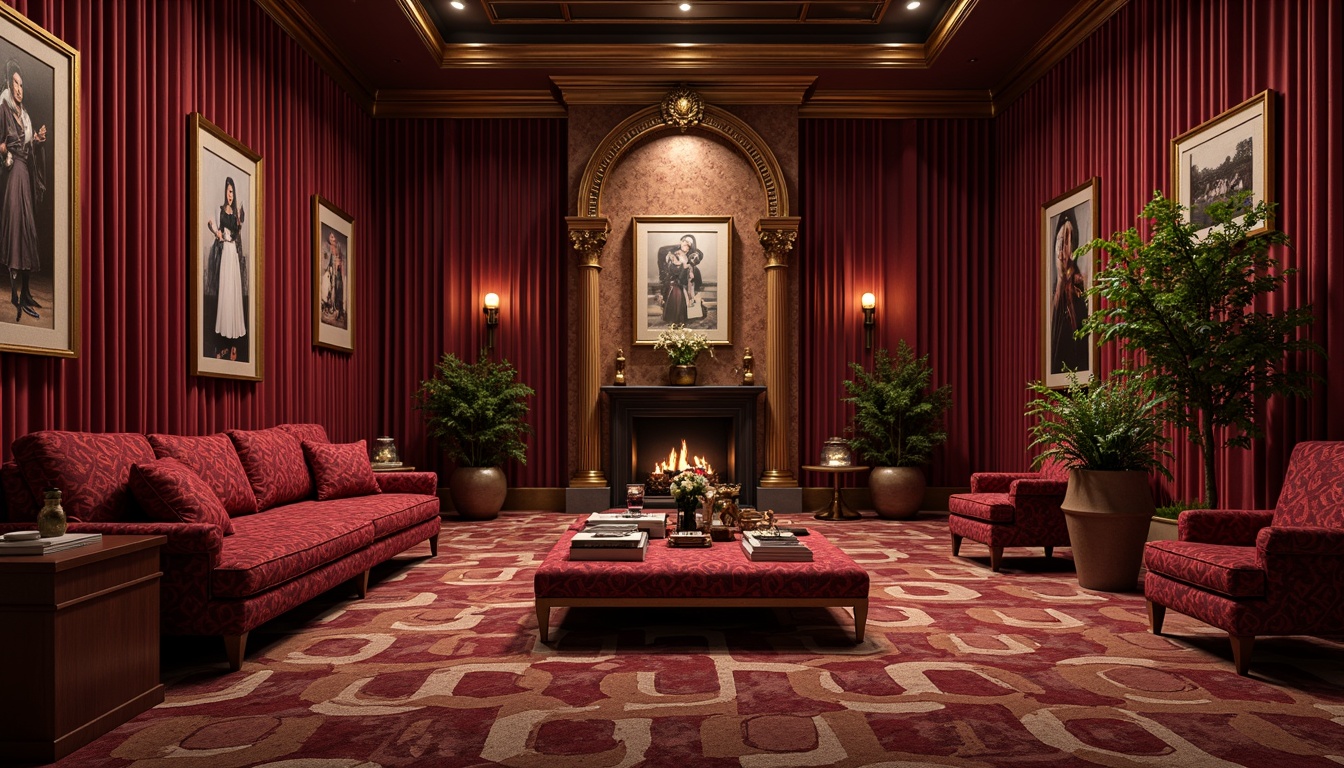 Prompt: Rich maroon accents, bold geometric patterns, luxurious velvet textures, sophisticated high-end design, opulent furnishings, lavish decor, dramatic lighting effects, warm golden tones, inviting ambiance, intimate atmosphere, classic elegance, refined sophistication, ornate details, majestic architecture, grandiose interiors, stately columns, sweeping arches, regal atmosphere.