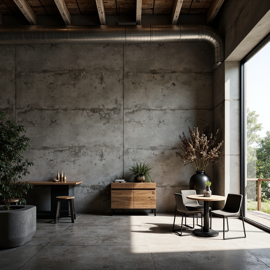 Prompt: Rough-hewn concrete walls, exposed ductwork, industrial metal beams, reclaimed wood accents, distressed stone floors, brutalist architectural style, minimalist decor, monochromatic color scheme, stark lighting, dramatic shadows, cold atmospheric ambiance, sparse greenery, metallic chair legs, wooden table tops, bold geometric patterns, raw material textures, high-ceilinged space, natural light pouring in, 3/4 composition, shallow depth of field.