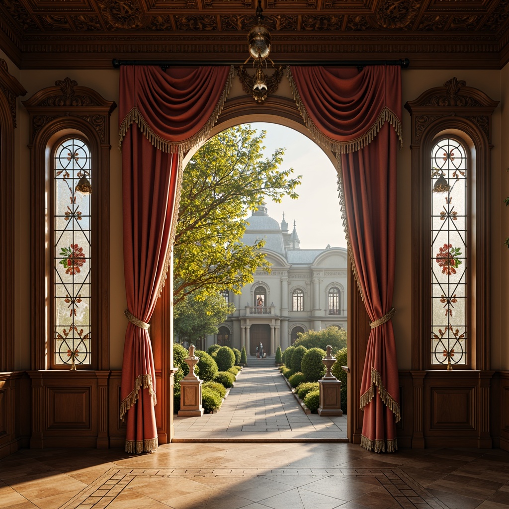 Prompt: Elegant Victorian mansion, ornate facades, intricately carved wooden frames, stained glass windows, flowing silk drapes, tassel-trimmed velvet curtains, lace panels, floral patterns, soft warm lighting, morning sunlight, shallow depth of field, 1/1 composition, realistic textures, ambient occlusion.