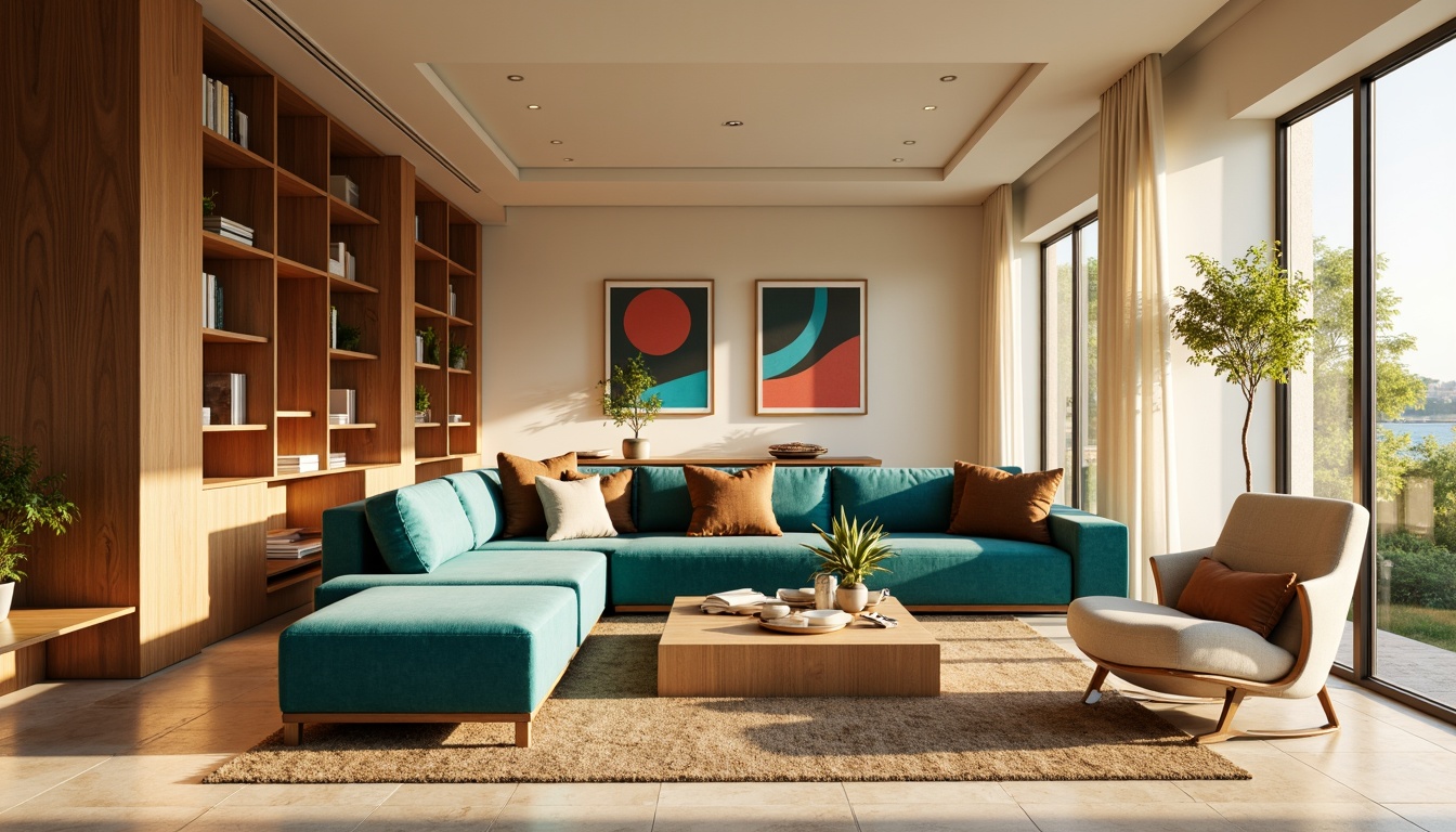 Prompt: Vibrant living room, warm beige walls, rich walnut wood furniture, soft velvet couches, bold turquoise accents, creamy white trim, natural stone flooring, modern minimalist decor, abundant natural light, airy atmosphere, shallow depth of field, 1/2 composition, warm golden lighting, realistic textures.