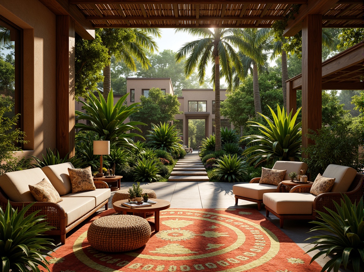 Prompt: Vibrant tropical setting, lush greenery, exotic plants, natural stone walls, wooden accents, woven rattan furniture, colorful textiles, bold geometric patterns, earthy tone color palette, warm golden lighting, shallow depth of field, 3/4 composition, panoramic view, realistic textures, ambient occlusion.