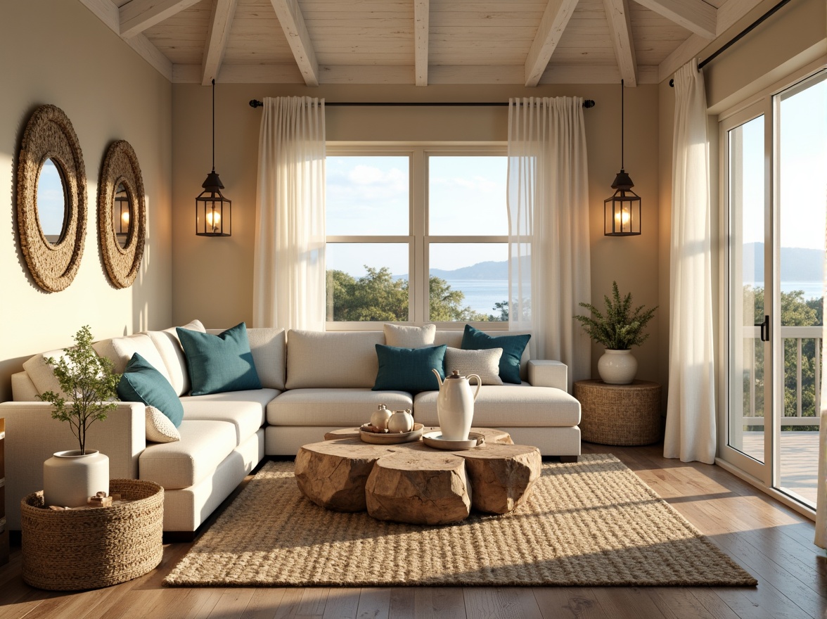 Prompt: Beachy living room, driftwood coffee table, plush sectional sofa, natural jute rug, woven sea grass baskets, coral-inspired vases, ocean-blue throw pillows, distressed wood accents, shell-adorned mirrors, nautical-themed wall art, soft white curtains, billowy sheer drapes, warm beige walls, creamy white trim, lantern-style pendant lights, cozy reading nook, relaxed coastal vibe, natural textiles, organic patterns, earthy color palette, warm sunny day, soft golden lighting, shallow depth of field, 3/4 composition.