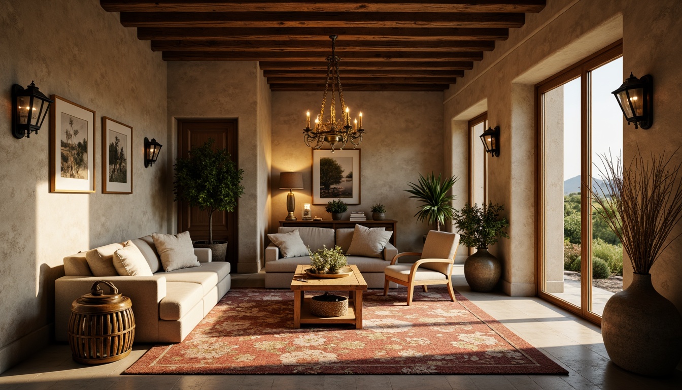 Prompt: Rustic French country estate, soft warm lighting, golden chandeliers, ornate metal fixtures, distressed wood accents, vintage pendant lamps, candlelit ambiance, stone walls, wooden beams, earthy color palette, natural textures, elegant furnishings, lavish drapery, flower-patterned upholstery, warm beige tones, afternoon sunlight, subtle shadows, 1/1 composition, realistic rendering, ambient occlusion.