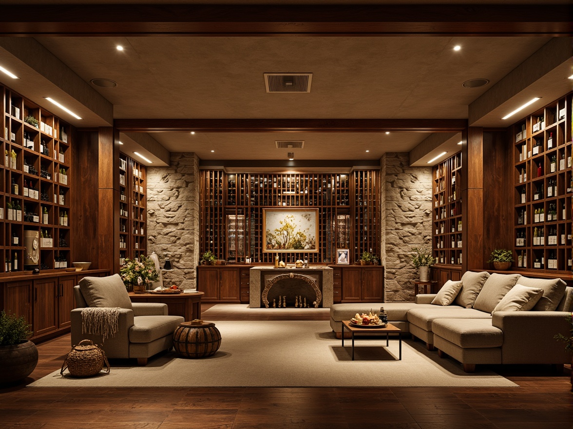 Prompt: Luxurious wine cellar, rich wood tones, dimmed warm lighting, temperature-controlled environment, precise humidity levels, elegant glass racks, wine barrels, vintage wine collections, stone walls, atmospheric fog effects, soft misting systems, sophisticated climate control systems, advanced air purification, UV protection, subtle aromas, comfortable seating areas, intimate social gatherings, refined ambiance, warm beige colors, rustic wooden accents, decorative metalwork.