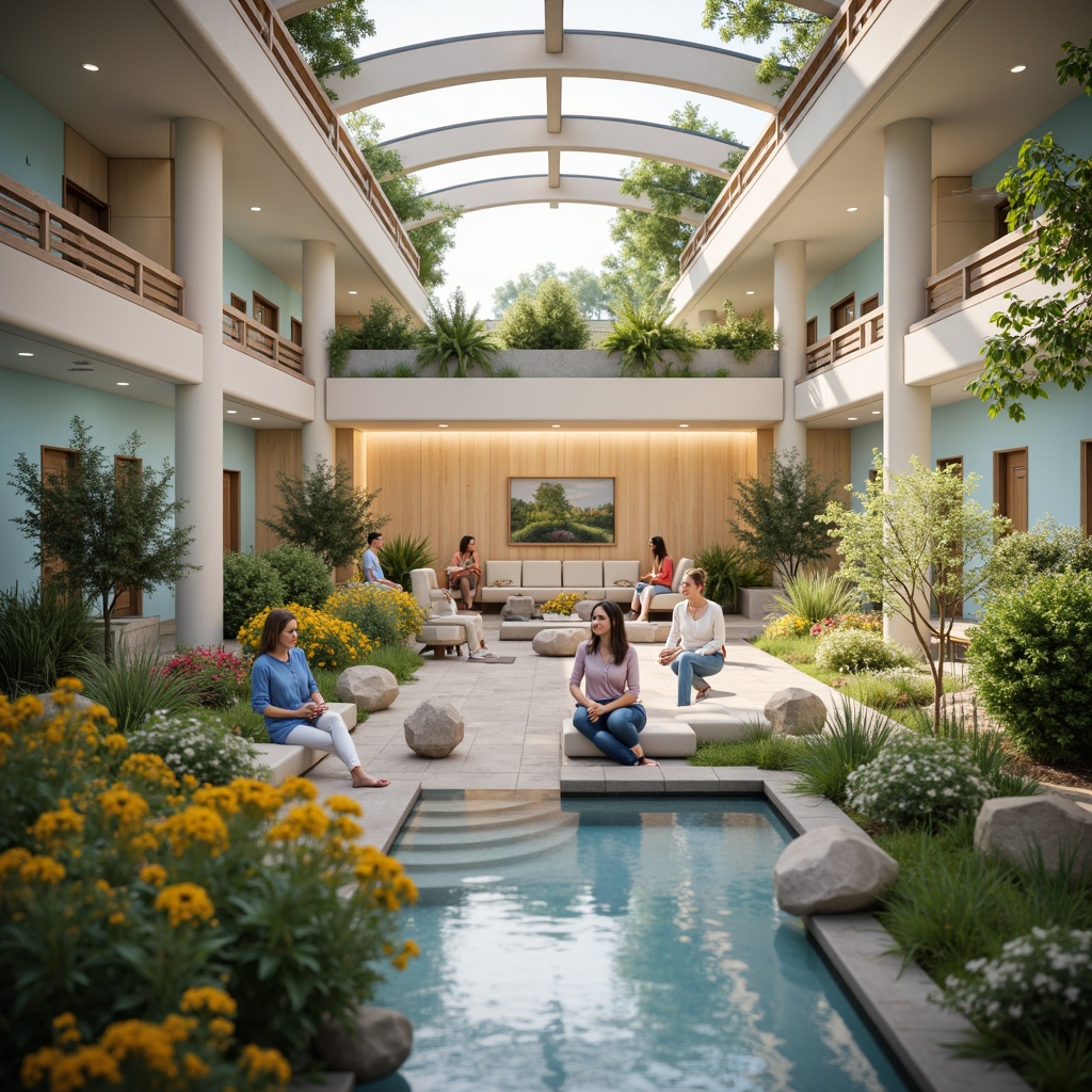 Prompt: Calming healthcare facility, soft pastel hues, gentle beige walls, soothing blue accents, natural wood tones, warm ambient lighting, cozy waiting areas, comfortable seating, lush greenery, vibrant flowers, serene water features, peaceful fountain sounds, shallow depth of field, 3/4 composition, realistic textures, ambient occlusion.