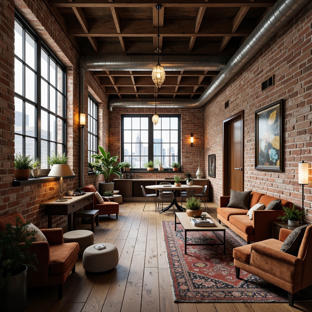 Prompt: Exposed brick walls, distressed wooden floors, industrial metal beams, reclaimed wood accents, vintage decorative items, soft warm lighting, cozy throw blankets, plush area rugs, neutral color palette, elegant chandeliers, ornate mirrors, classic furniture pieces, luxurious velvet fabrics, intricate moldings, high ceilings, large windows, cityscape views, modern minimalist decor, eclectic art pieces, rich leather upholstery, sophisticated color contrasts, 1/1 composition, soft focus blur, realistic textures.