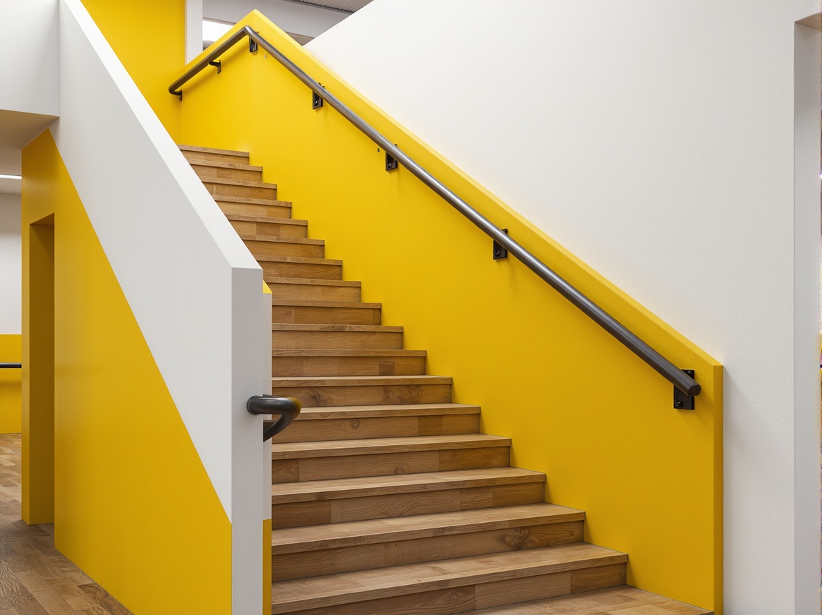 Prompt: Monochromatic staircase, minimalist railing, sleek metal handrails, accent wall colors, bold yellow highlights, soft white background, natural wood steps, geometric patterns, modern LED lighting, subtle shadows, 1/1 composition, low-angle view, realistic textures, ambient occlusion.