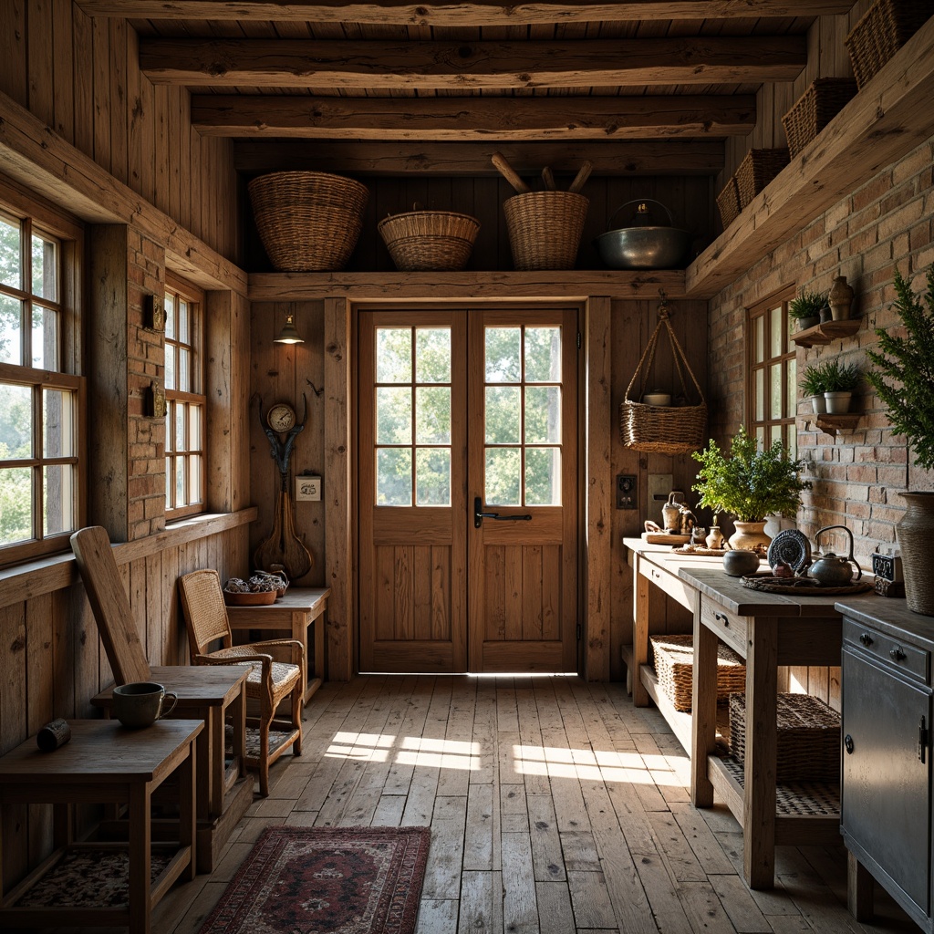 Prompt: Rustic farmhouse, weathered wooden planks, distressed metal accents, vintage farming tools, natural stone foundations, earthy color palette, rough-hewn wood beams, exposed brick walls, reclaimed wood furniture, woven wicker baskets, soft warm lighting, shallow depth of field, 1/1 composition, realistic textures, ambient occlusion.